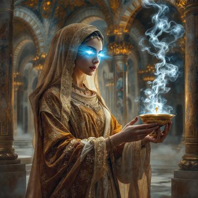 The primary subject of the image is a woman dressed in a long, flowing gown. She is holding a bowl in her hands, and her eyes are glowing with a blue light. The setting appears to be a grand, ornate room with pillars and a vaulted ceiling. The visual style of the image is a combination of digital art and illustration, creating a fantastical and magical atmosphere. The colors in the image are predominantly gold and blue, which contribute to the overall mood of